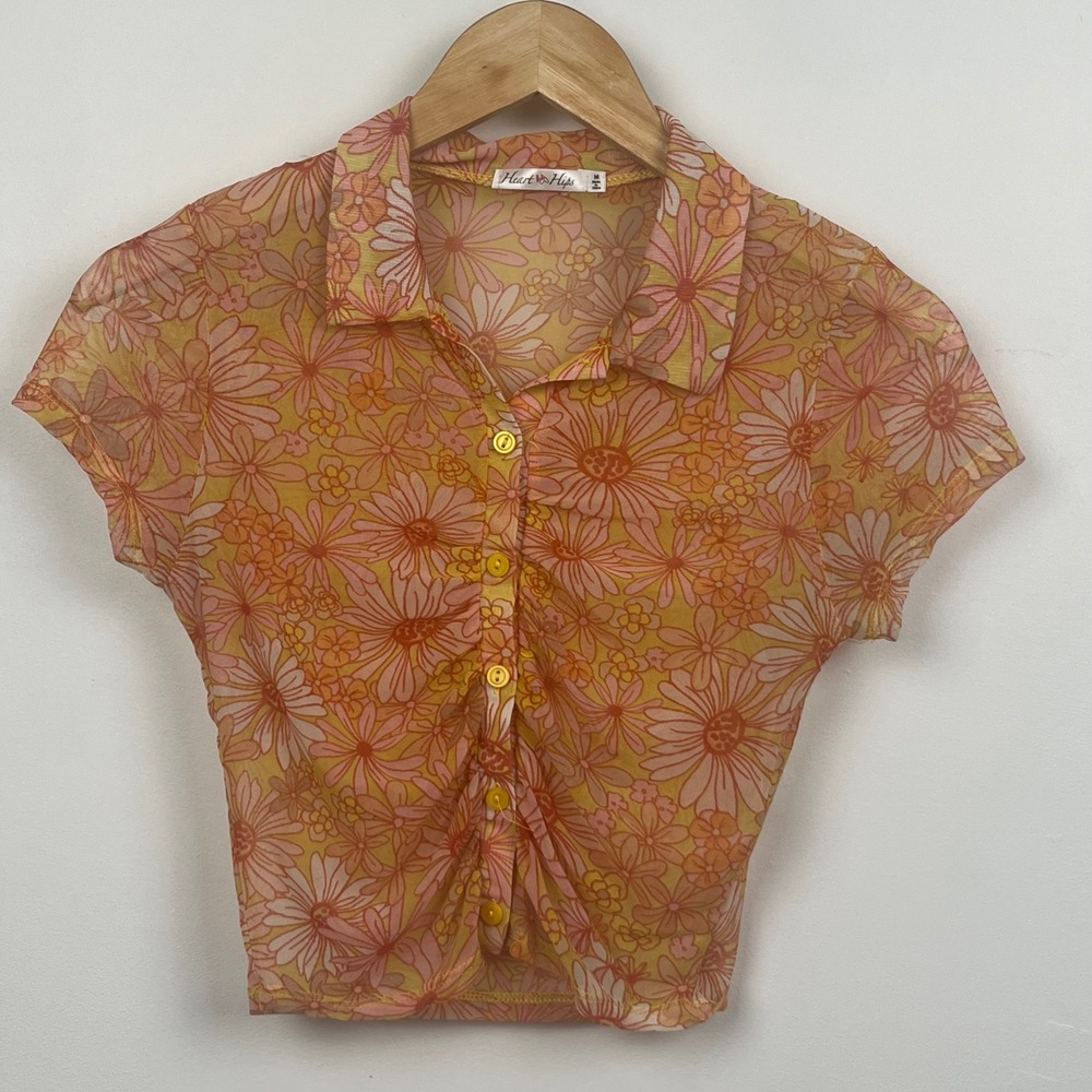 Heart & Hips Womens Floral Sheer Mesh Button Down Crop Top Orange Pink Medium